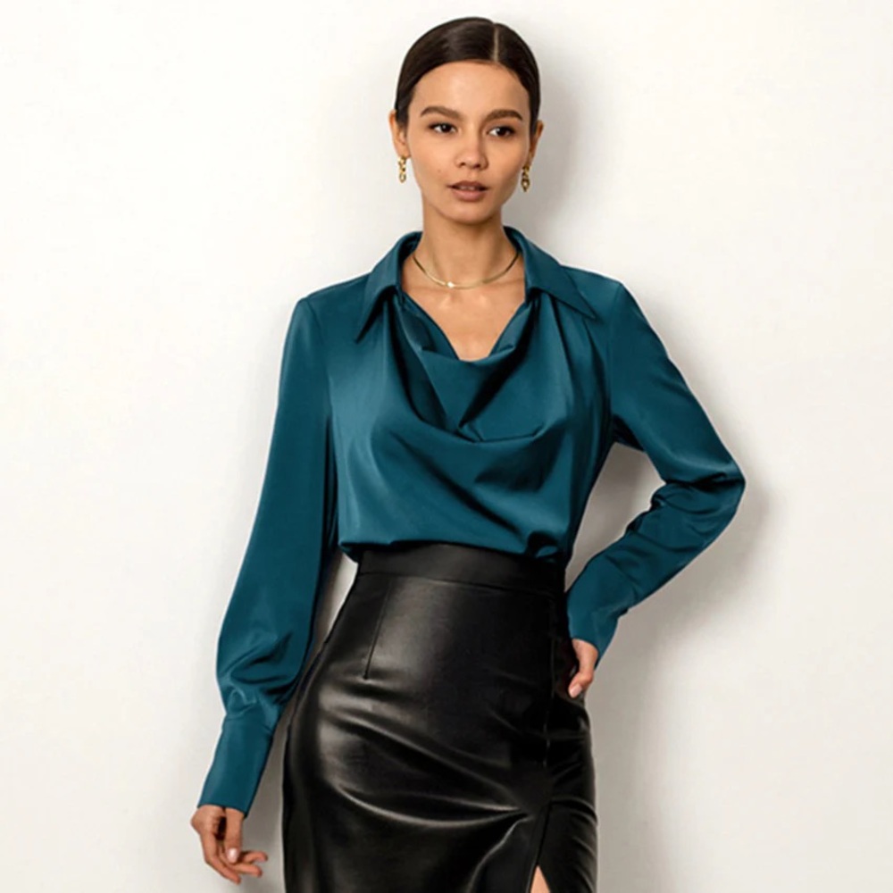Mexx Emerald Satin Cowl Neck Blouse Business Casual Top Size XS